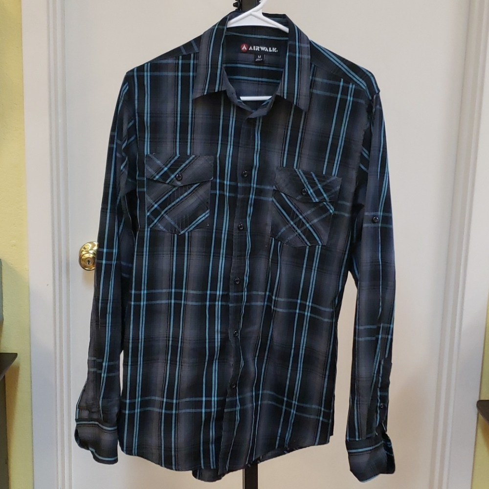 Airwalk Button Up Shirt Medium Black Blue Gray